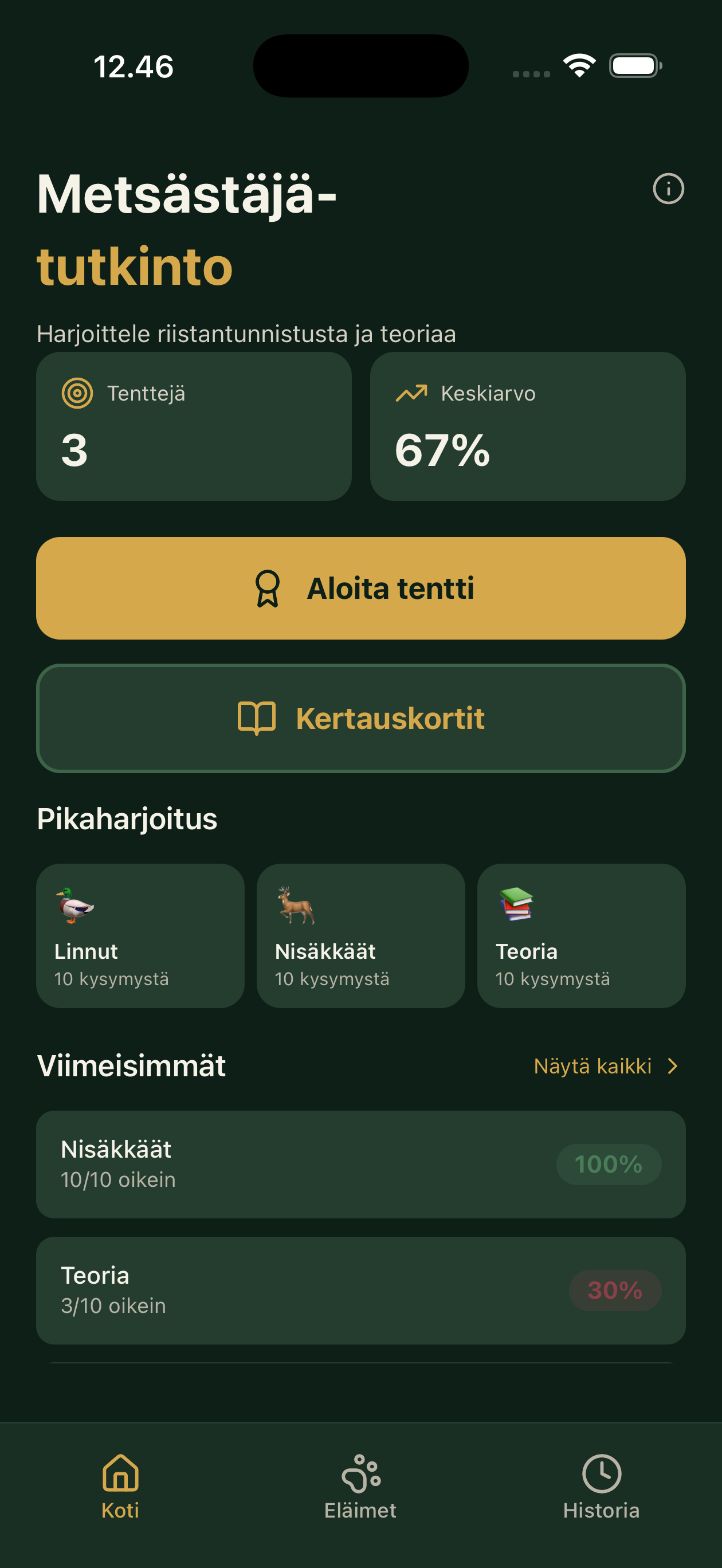 Metsästäjä sovelluksen kotinäkymä