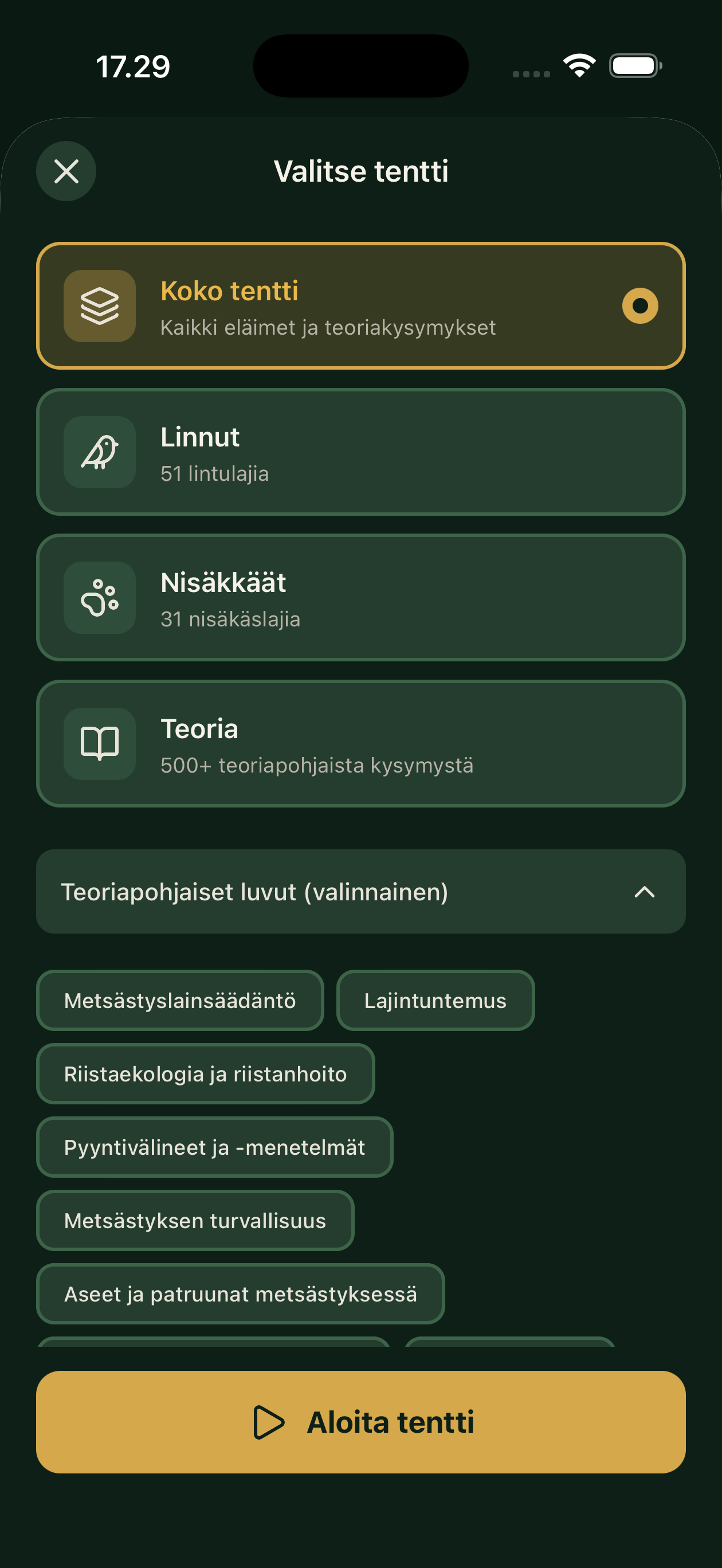 Valitse tentti -näkymä